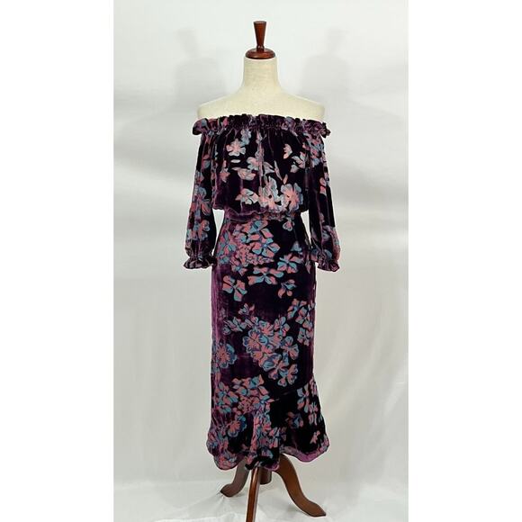 SALONI Sz 2 US 6 UK Plum Purple Floral Grace Off The Shoulder Dress - Picture 2 of 10